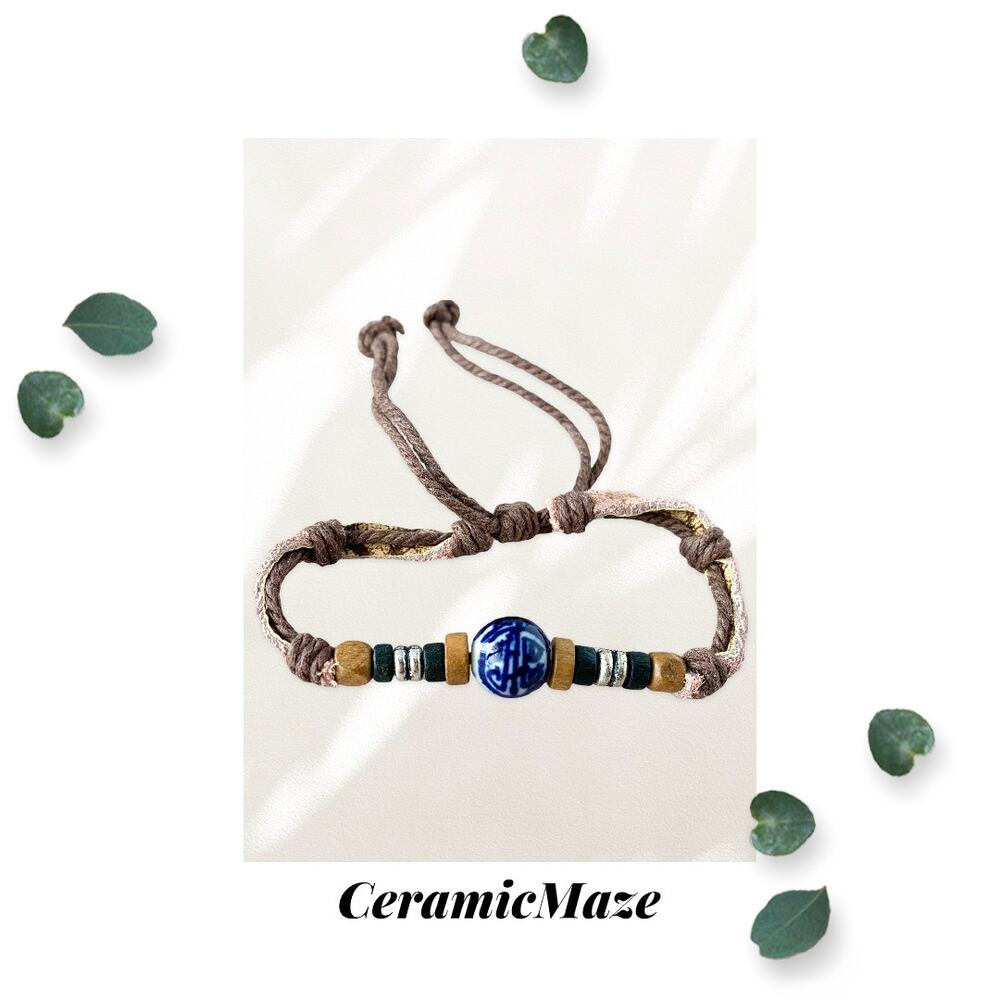 Ceramic Maze - Pink Leather and Cotton Woven Braided - Adjustable Bracelet